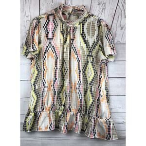 Jennifer Lloyd‎ Womens XL Mock Neck Top Multicolor Geo Print Peplum Hem